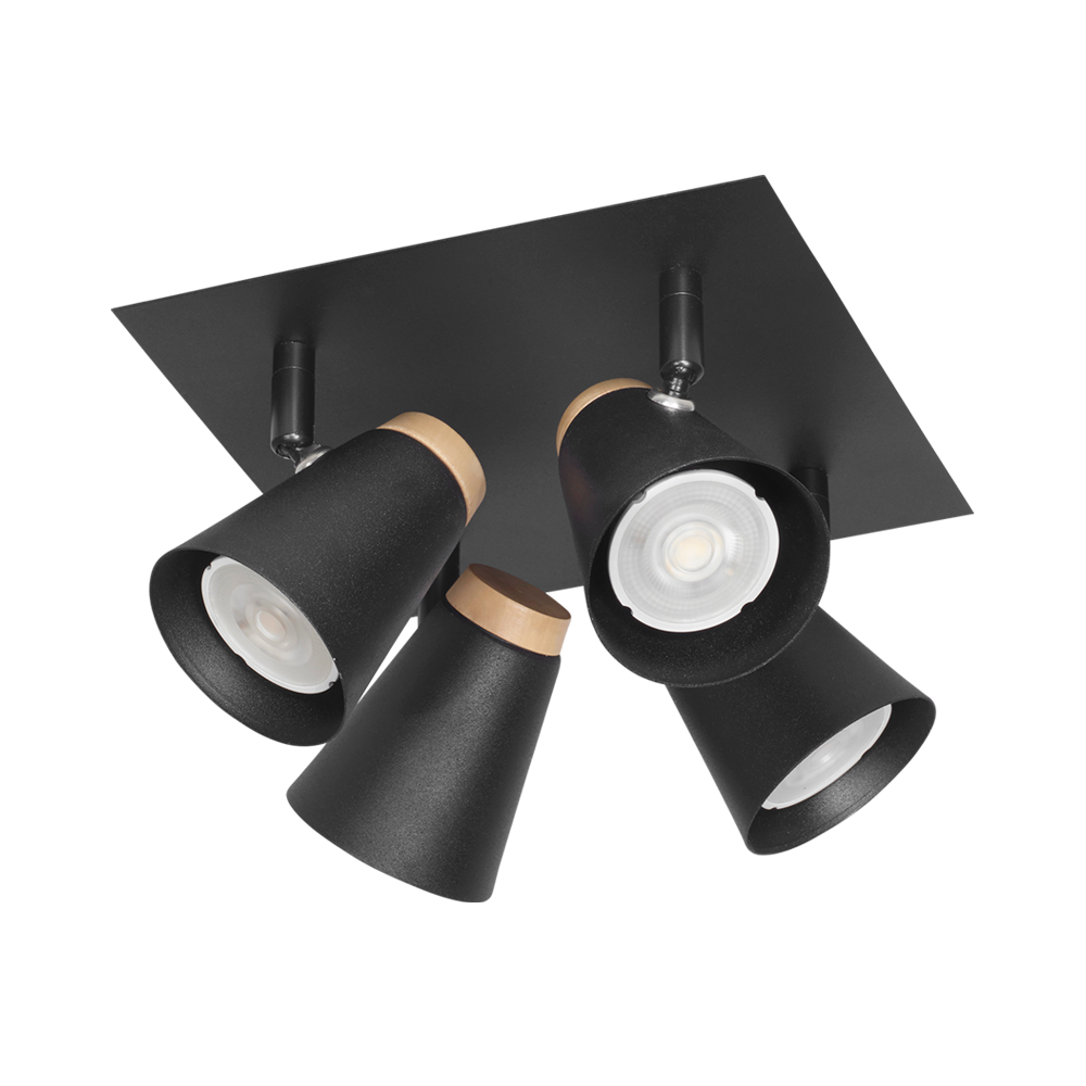 APLIQUE PLAFON 4 LUCES NEGRO C/MADERA CONICO